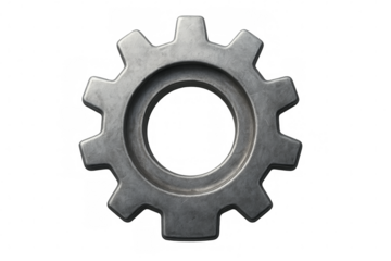 Metal gear rotating on transparent background, industrial concept