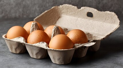 Six brown eggs in a recycled cardboard carton sitting on a mottled gray surface. Organic food