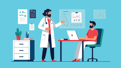 Medical consultation with a doctor explaining health data to a patient in a modern office