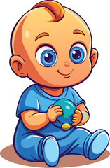 Cute baby in blue outfit holding a green ball