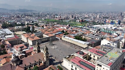 Plaza De Bolivar In Bogota Cundinamarca Colombia. Amazing Skysrapers And Traffic On Street Viewed From Above. Industrial Skyline Skyscrapers Amazing. Industrial Cityscape. Bogota Cundinamarca.