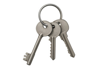 Three metal keys hanging from a metal ring on transparent background