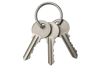 Three metal keys hanging from a ring on transparent background