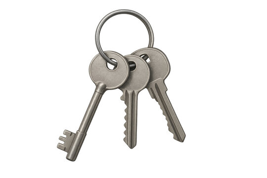 Three metal keys hanging from a metal ring on transparent background