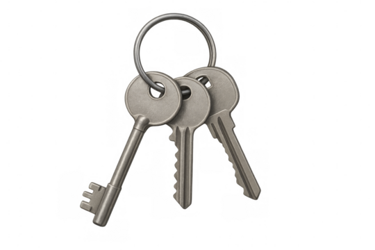 Three metal keys hanging from a metal ring on transparent background