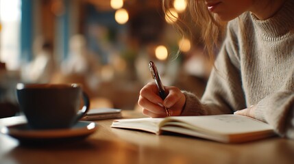 A teenage girl writing a five-year plan in a bullet journal, coffee shop setting, detailed handwriting, calming atmosphere, warm lighting and gentle background blur, authentic teenage ambition, 