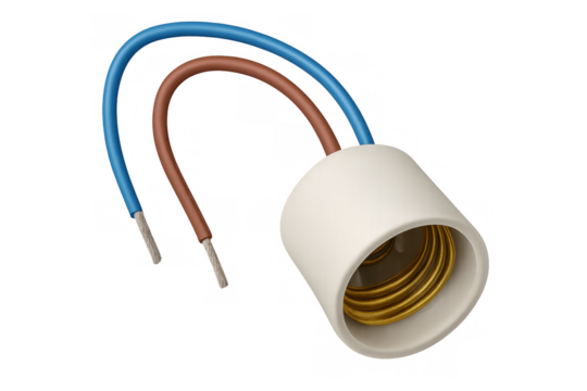 Ceramic light bulb socket with electrical wires on transparent background