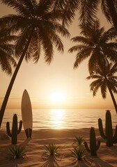 Tropical beach paradise with a surfboard and palm trees against a golden sunset over the ocean