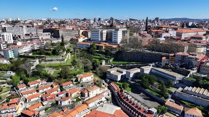 Fototapeta premium Park Of Virtues In Porto Portugal. Famous Botanical Garden Showing The Around The City. Metropolitan Landscape High Rise Building Amazing. Metropolitan Town. Porto Portugal.