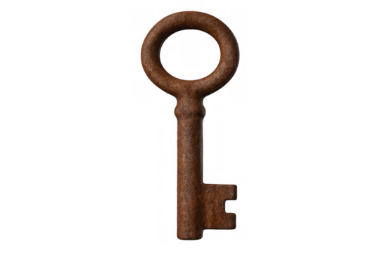 Old rusty key opening secrets with transparent background