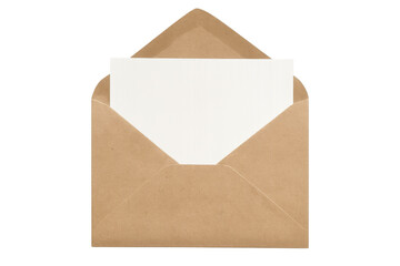 Brown open envelope containing blank white card on transparent background