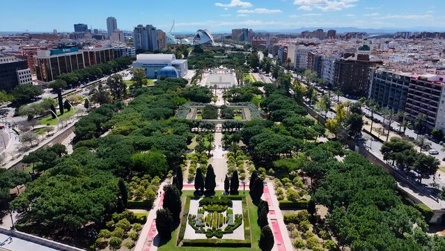 Turia Gardens In Valencia Spain. Bird Eye View Of Stunning Iconic Recreational Park Of The City. Business Sky Downtown Cityscape. Business Backgrounds Panorama. Valencia Spain.