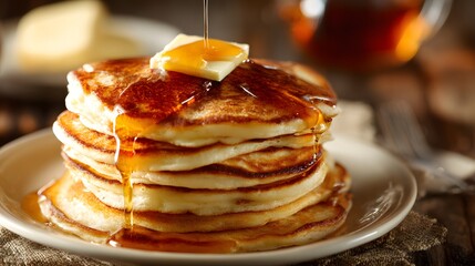 A stack of golden pancakes is topped with a pat of butter and dripping with sweet syrup.