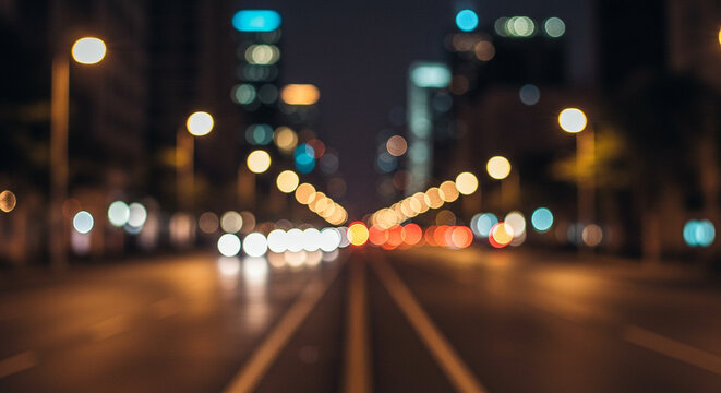 Blurry nighttime city street with bokeh lights and buildings in the background, with a wet road and yellow lines, conveying a calm urban mood.