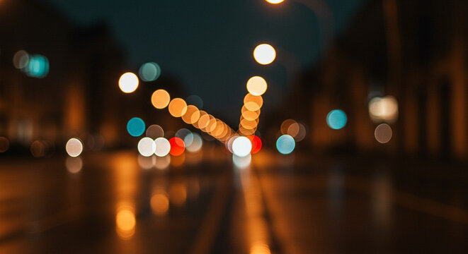 Blurry nighttime city street with wet pavement and colorful bokeh lights reflecting off the road surface in a dark urban environment.
