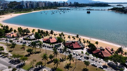 Jurema Curve In Vitoria Espirito Santo Brazil. Aerial View Of Stunning Beach With Crystal Clear Waters. Shore Horizon Beach Sea. Shore Seaside Tropical Environment. Vitoria Espirito Santo. © bydronevideos