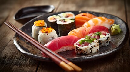 Assorted sushi on a plate with chopsticks. Featuring tuna, salmon, and California rolls.