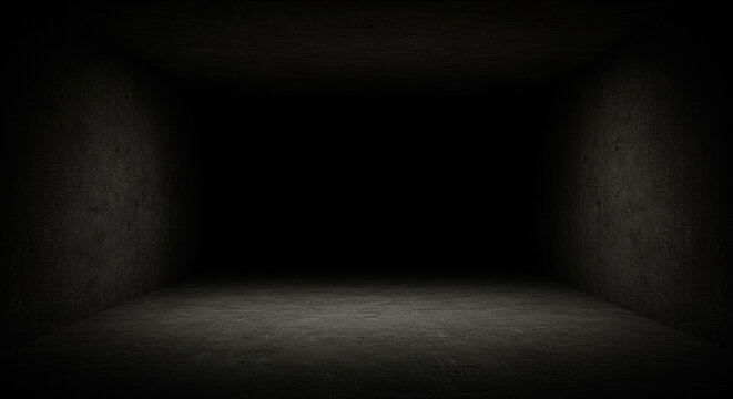 Dark room with a spotlight shining on the floor, creating a dramatic and moody atmosphere with shadows on the walls.