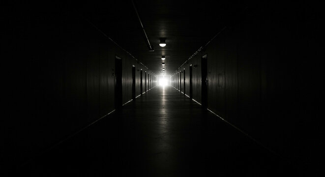 Long, dark corridor with a bright light at the end, lined with doors on both sides and a shiny floor, creating a sense of depth and contrast.