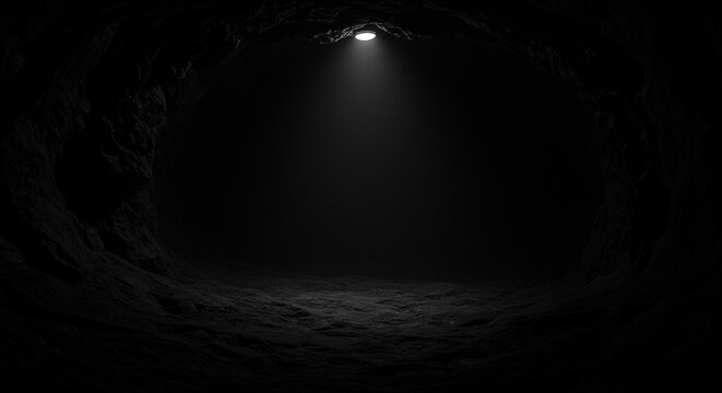 Dark tunnel with a single light source shining from the top, creating a beam of light on the ground with a rocky texture and a sense of depth.
