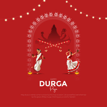 Happy Durga Puja Indian God shri Druga, Subh Navratri red background. vector illustration of women Navratri design