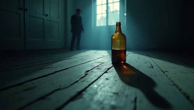Alcoholism concept with bottle on the floor and man standing by the window in a dark room scene
