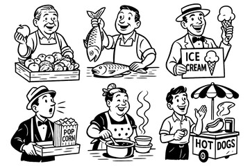 Retro shopkeepers selling food, fashion, and goods in comic style, Transparent Background