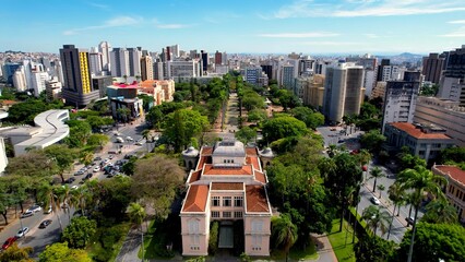 Downtown District In Belo Horizonte Minas Gerais Brazil. Aerial View Of A High-Rise Buildings And Traffic Showcasing Urban Life. Metropole Landscape Company Building Vibrant.