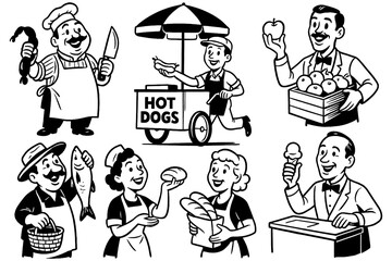 Retro shopkeepers selling food, fashion, and goods in comic style, Transparent Background