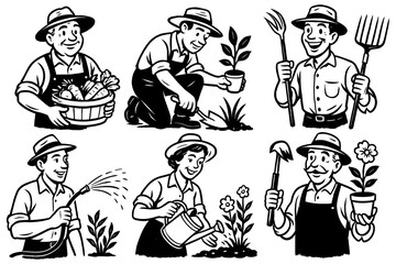 Retro gardeners planting, watering, and harvesting in comic style, Transparent Background