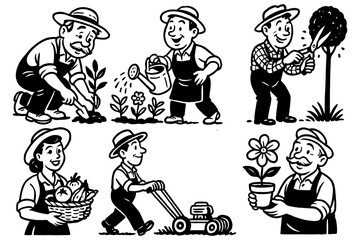 Retro gardeners planting, watering, and harvesting in comic style, Transparent Background
