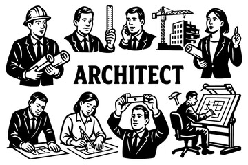 Retro comic scenes of architects planning and working on buildings, Transparent Background