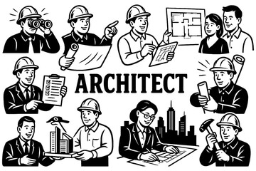 Retro comic scenes of architects planning and working on buildings, Transparent Background