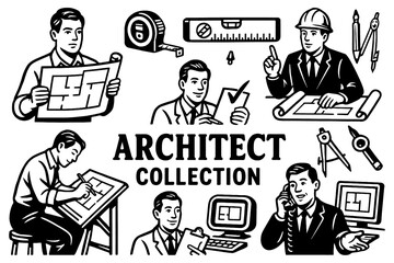 Retro comic scenes of architects planning and working on buildings, Transparent Background
