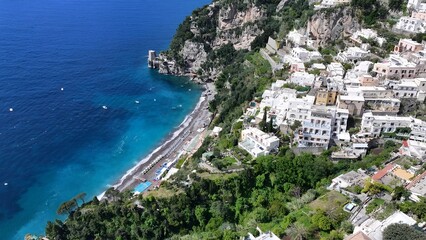 Fototapeta premium Amalfi Coast In Positano Salerno Italy. Bird Eye View Of A Amazing Coastal Beach In The Summer Holiday. Shore Clouds Sky Beach Sea. Seaside Panorama. Positano Salerno.
