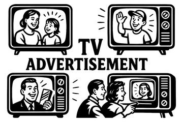 Retro comic scenes of vintage TV advertising moments, Transparent Background