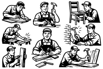 Retro construction workers using tools in various carpentry scenes, Transparent Background