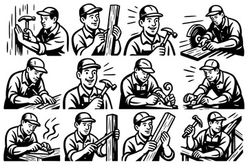 Retro construction workers using tools in various carpentry scenes, Transparent Background