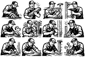 Retro construction workers using tools in various carpentry scenes, Transparent Background