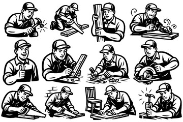 Retro construction workers using tools in various carpentry scenes, Transparent Background
