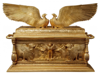 Ornate Golden Ark of the Covenant Replica with Cherubim Detailed Religious Artifact