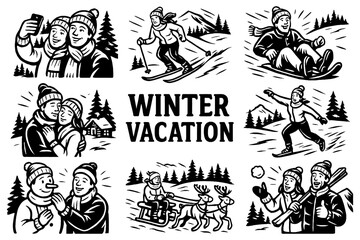 Retro winter holiday scenes with outdoor activities and cozy moments, Transparent Background