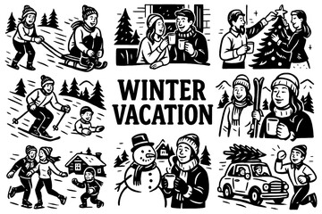 Retro winter holiday scenes with outdoor activities and cozy moments, Transparent Background