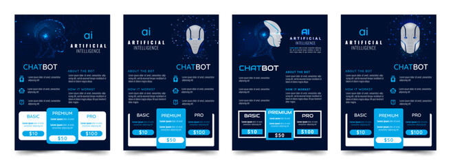 Artificial intelligence and machine learning. Bots and chatbots. An artificial assistant robot. Poster, brochure, flyer. Collection of templates on a dark blue background