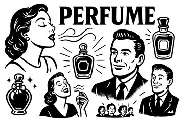 Retro men and women using perfume bottles in comic style, Transparent Background
