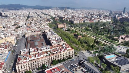 Ciutadella Park In Barcelona Spain. Drone Captures A Garden With Sidewalks Surrounded By Lush Trees. Industrial Skyline Skyscrapers Amazing. Industrial Cityscape. Barcelona Spain.
