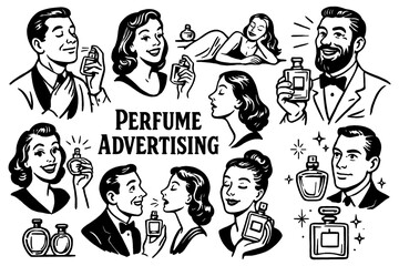 Retro men and women using perfume bottles in comic style, Transparent Background