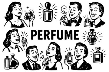 Retro men and women using perfume bottles in comic style, Transparent Background
