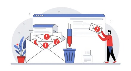 Digital email management with issues in a flat design style illustrating issues with unwanted or faulty emails and email management procedures