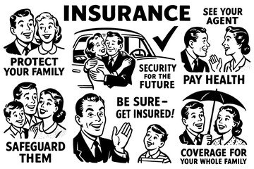 Retro insurance ads with families and protection slogans, Transparent Background